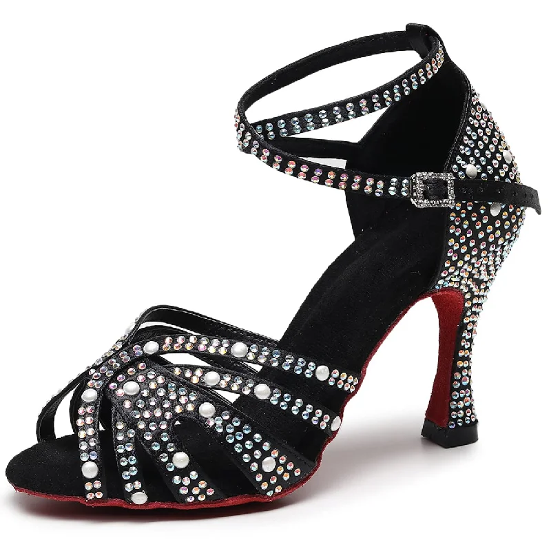 Women's Satin Customized Heel Latin Dance Shoes Ballroom Dance Shoes With Rhinestone