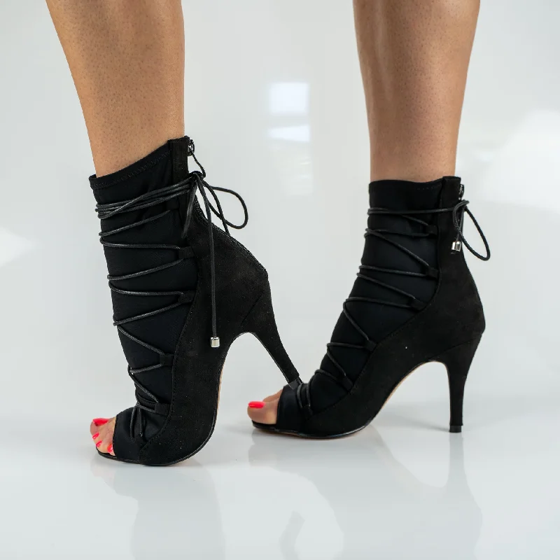 Eva Black Open Toe Lace Up Sock Bootie Dance Shoes