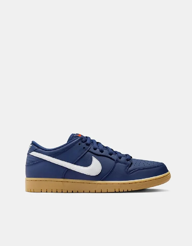 Nike SB Dunk Low Pro ISO Skate Shoes - Navy/White-Navy-Gum Lt Brown-Midnight Navy-Safety Orange