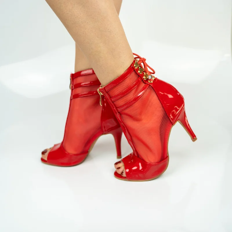 Vixen Glossy Lace-Up Open Toe Ankle Stiletto Dance Booties (Red)